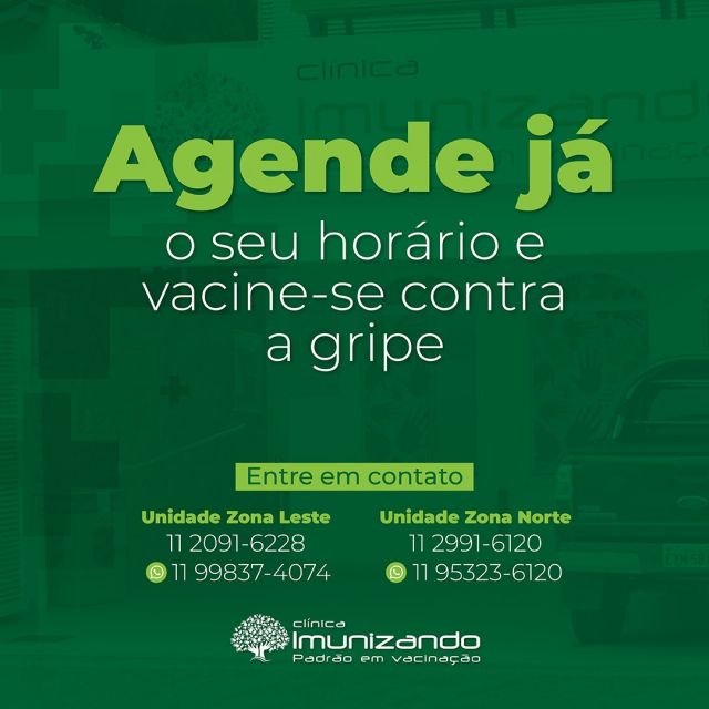 Você sabia que a vacina contra a gripe (influenza) já chegou por aqui? 🤩 A imunização protege contra os casos mais graves da infecção causada pelo vírus influenza, que acometeu diversos brasileiros no fim do ano passado e começo deste ano com a cepa Cepa H3N2 Darwin.
Por isso, não espere ficar doente para procurar ajuda e proteção. Agende um horário em uma de nossas unidades e venha se imunizar! ❤😉

🌳 Imunizando - Padrão em Vacinação
💻 www.imunizando.com.br

📌 Rua Passos Ourique, 148 - Tatuapé
☎ (11) 2091-6228 | (11) 2091-4928
📱 WhatsApp: (11) 99837-4074

📌Rua José de Albuquerque Medeiros, 141 - Santana
☎ (11) 2991-6120
📱 WhatsApp: (11) 95323-6120

#vacinacao #santana #tatuape #imunizacao #protecao #saude #clinicadevacinacao #vacinadagripe
